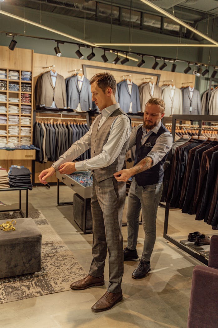 A tailor assists a customer with fitting a suit in a stylish fashion store.